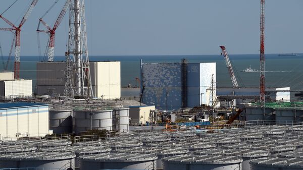 A coast guard vessel (back R) patrols the waters off the Fukushima Daiichi nuclear power plant in Okuma, Fukushima prefecture on October 9, 2015. - Sputnik International