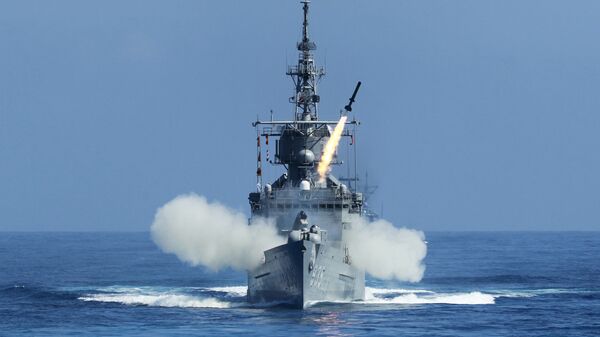 Taiwan Navy's Perry-class frigate launches an ASROC (anti-submarine rocket) during the annual Han Kuang military exercises. - Sputnik International