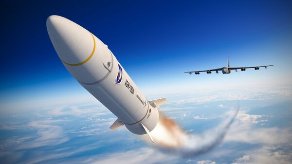 An artist concept of the AGM-183A Air-launched Rapid Response Weapon (ARRW) shows the hypersonic missile after launching from a B-52 bomber, encapsulated in a rocket that accelerates it to hypersonic speed. Lockheed Martin artist rendering. - Sputnik International
