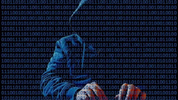  Hooded hacker at keyboard with binary code in front - Sputnik International