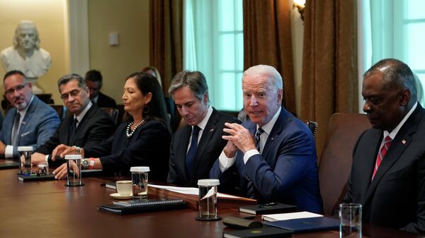 President Joe Biden speaks during a meeting with his Cabinet in the Cabinet Room at the White House in Washington, Tuesday, July 20, 2021. From left, Secretary of Education Miguel Cardona, Secretary of Health and Human Services Xavier Becerra, Secretary of the Interior Deb Haaland, Secretary of State Antony Blinken, Biden and Secretary of Defense Lloyd Austin. (AP Photo/Susan Walsh) - Sputnik International