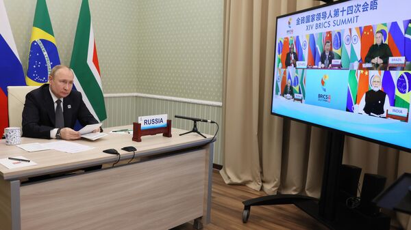 Russian President Vladimir Putin takes part in the XIV BRICS summit in virtual format via a video call, in Moscow region, Russia. - Sputnik International