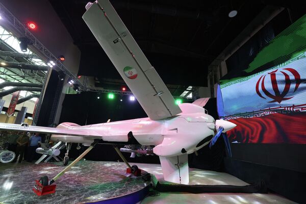 Pictured here is Iran&#x27;s new Mohajer 10 drone during the nation&#x27;s exhibition of defense industry achievements. - Sputnik International
